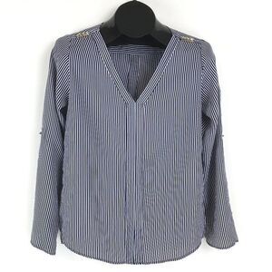 Zara Basic Striped V-Neck Blouse Women’s Size XS Embellished Roll Tab Sleeves
